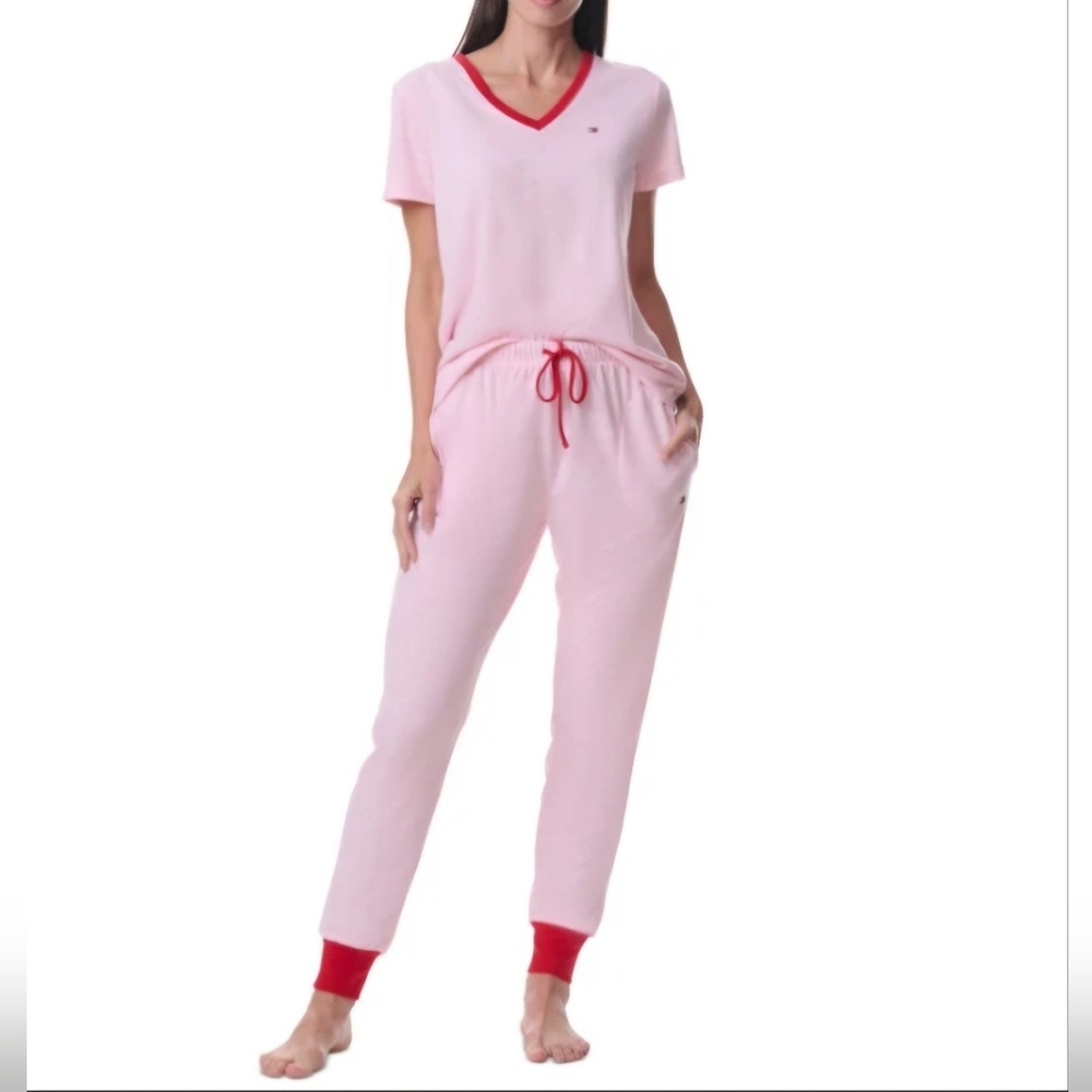 NWOT Tommy Hilfiger Women's Light Pink Pajama Set with Red Trim - Size Small